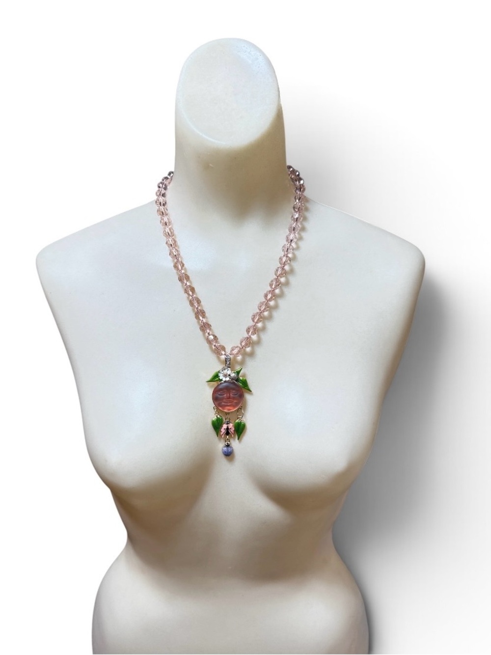 Vintage Y2K Kirk’s Folly Moon Face Ladybug Enamel Crystal Pendant Necklace - Picture 2 of 9